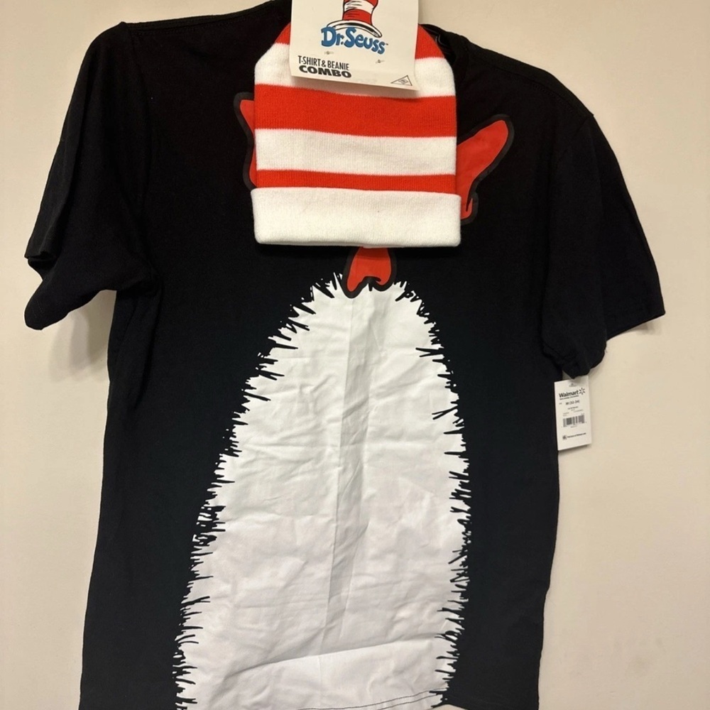 Dr. Seuss Black and Red Graphic Tee matching red and white striped hat NEW SZ L